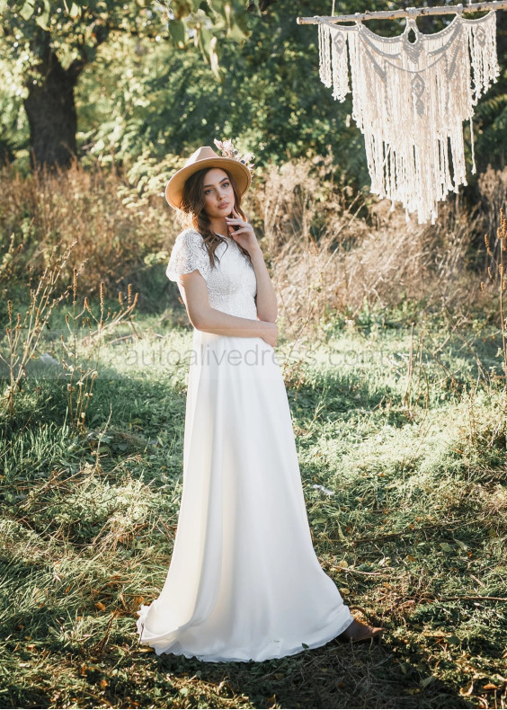 Short Sleeves Ivory Lace Chiffon Unique Boho Wedding Dress